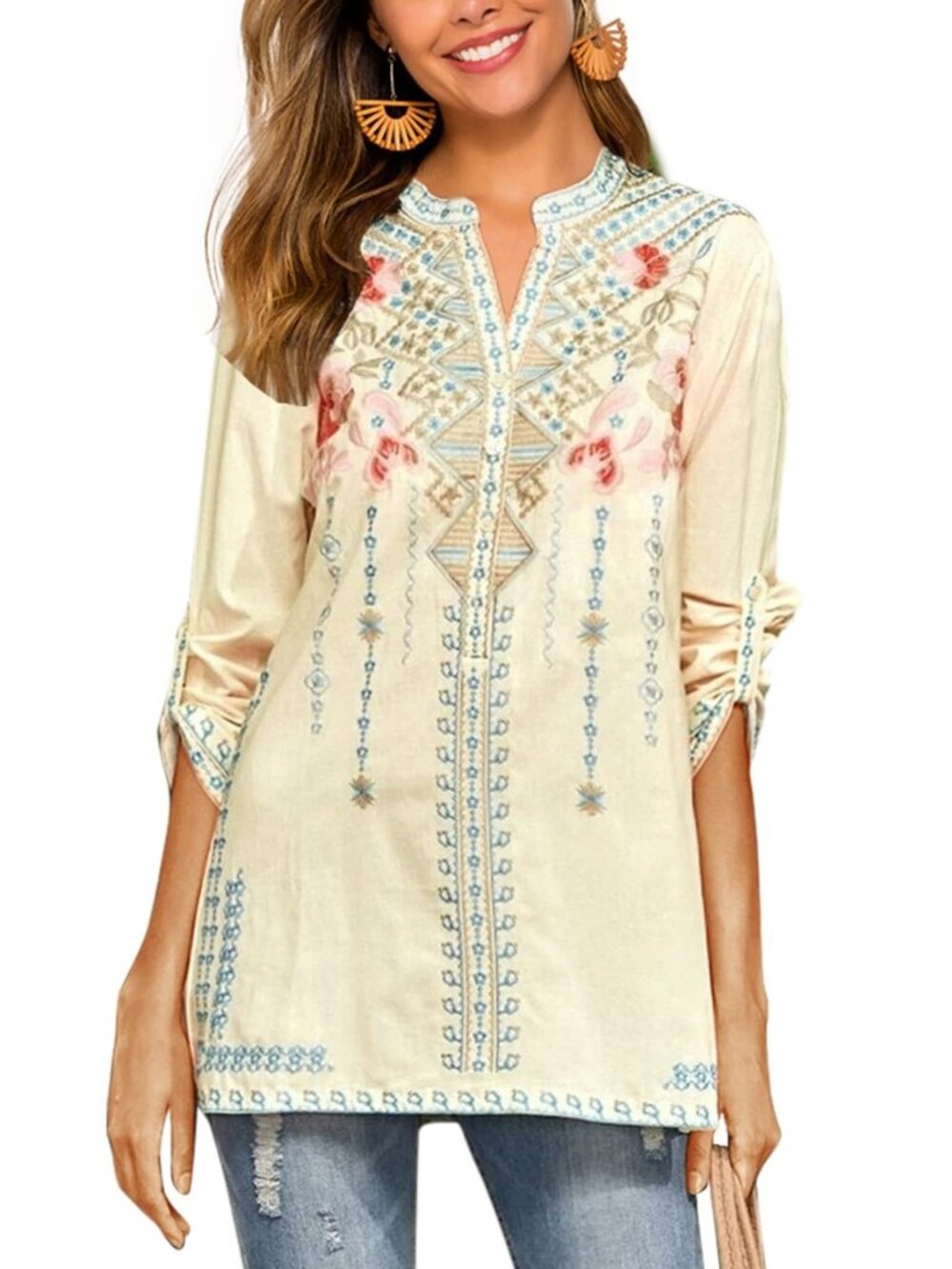 Women's Embroidered Tops Mexican Shirt V Neck Summer Casual Tops Peasant Tunic